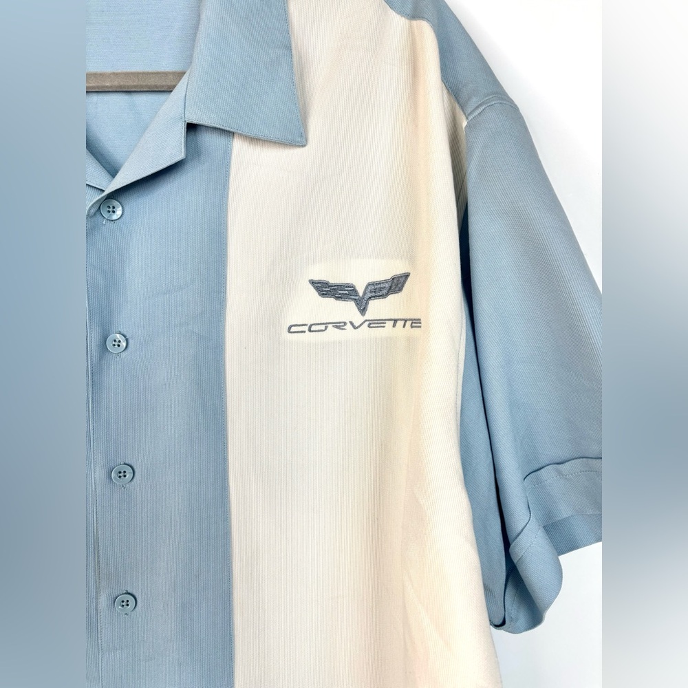Corvette Logo Light Blue White Men's Retro 90’s Rockabilly Bowling Shirt 2X - Picture 4 of 9